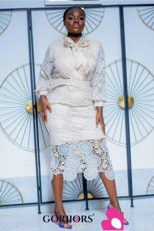Beige Chiffon Bow Lace Dress