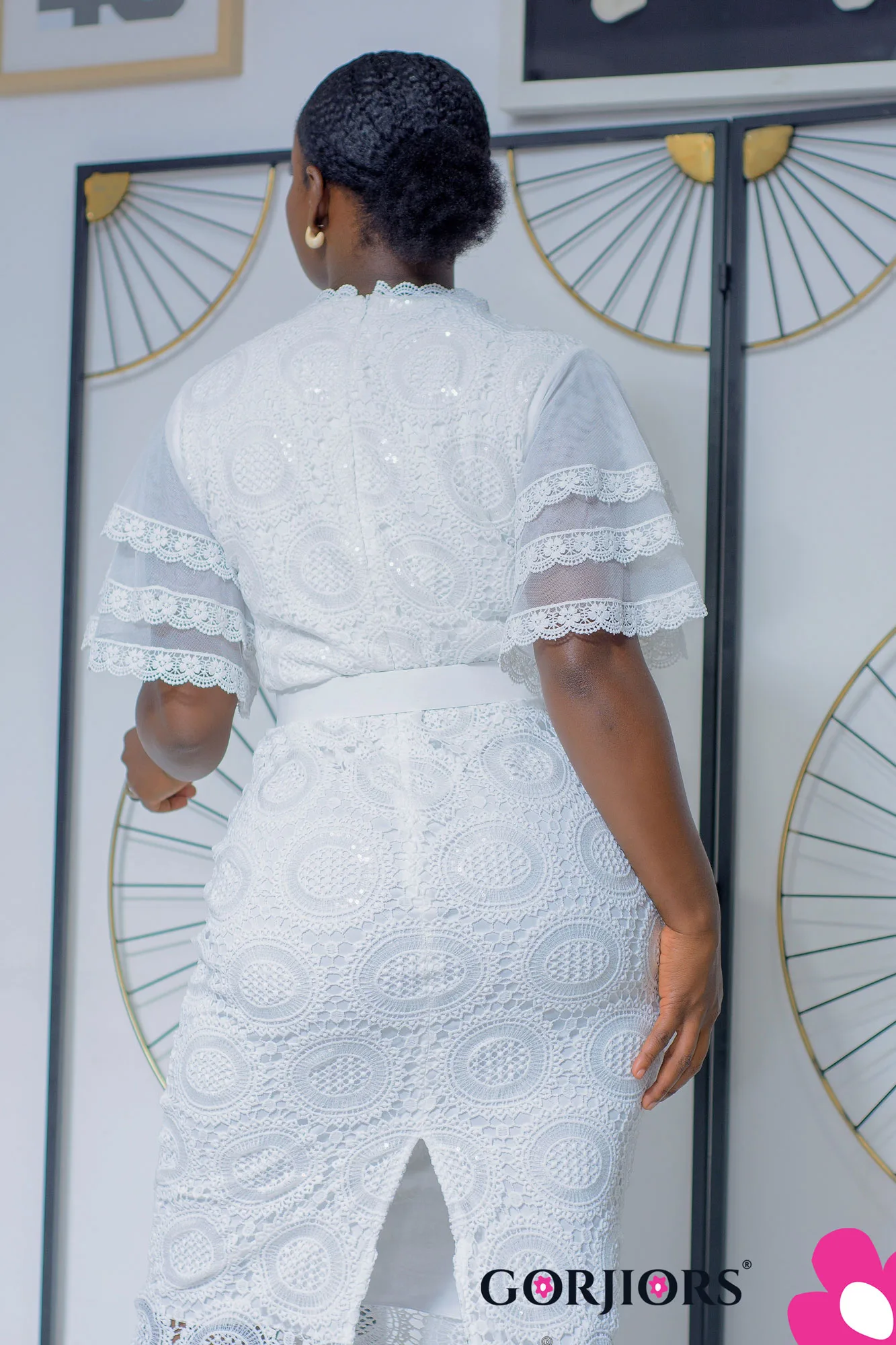 Angled Pattern Lace Dress - White - Image 2