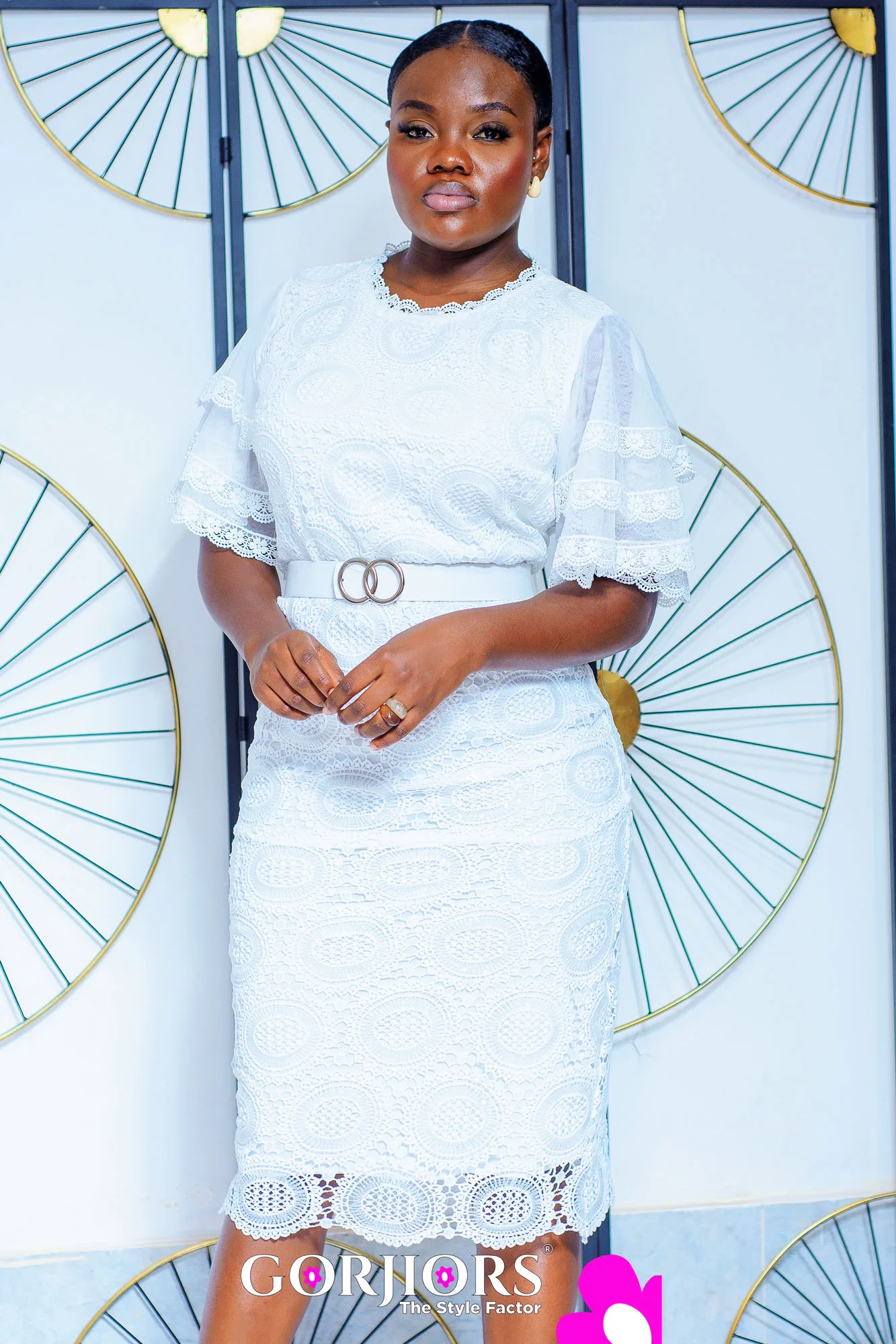 Angled Pattern Lace Dress - White